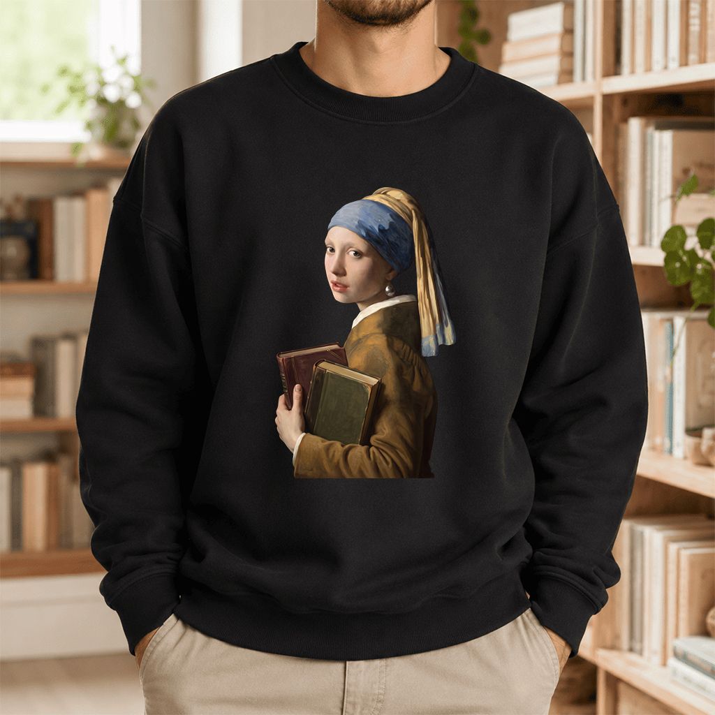 Bookish Girl with a Pearl Earring Printed Sweatshirt | Reader Gift Black