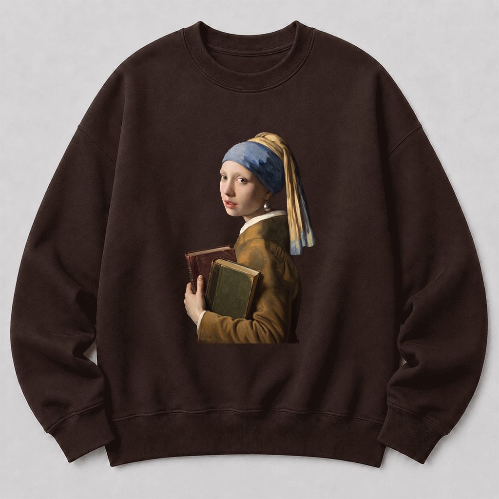 Bookish Girl with a Pearl Earring Printed Sweatshirt | Reader Gift Dark Chocolate