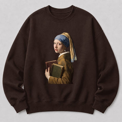 Bookish Girl with a Pearl Earring Printed Sweatshirt | Reader Gift Dark Chocolate