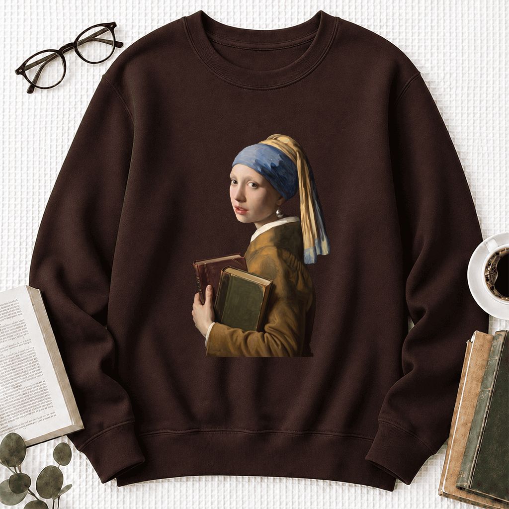 Bookish Girl with a Pearl Earring Printed Sweatshirt | Reader Gift Dark Chocolate