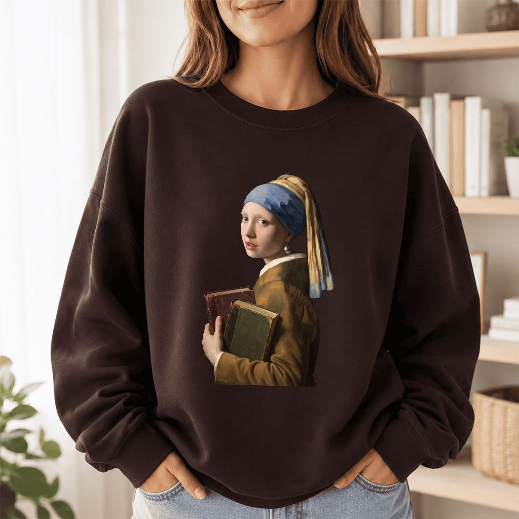 Bookish Girl with a Pearl Earring Printed Sweatshirt | Reader Gift Dark Chocolate