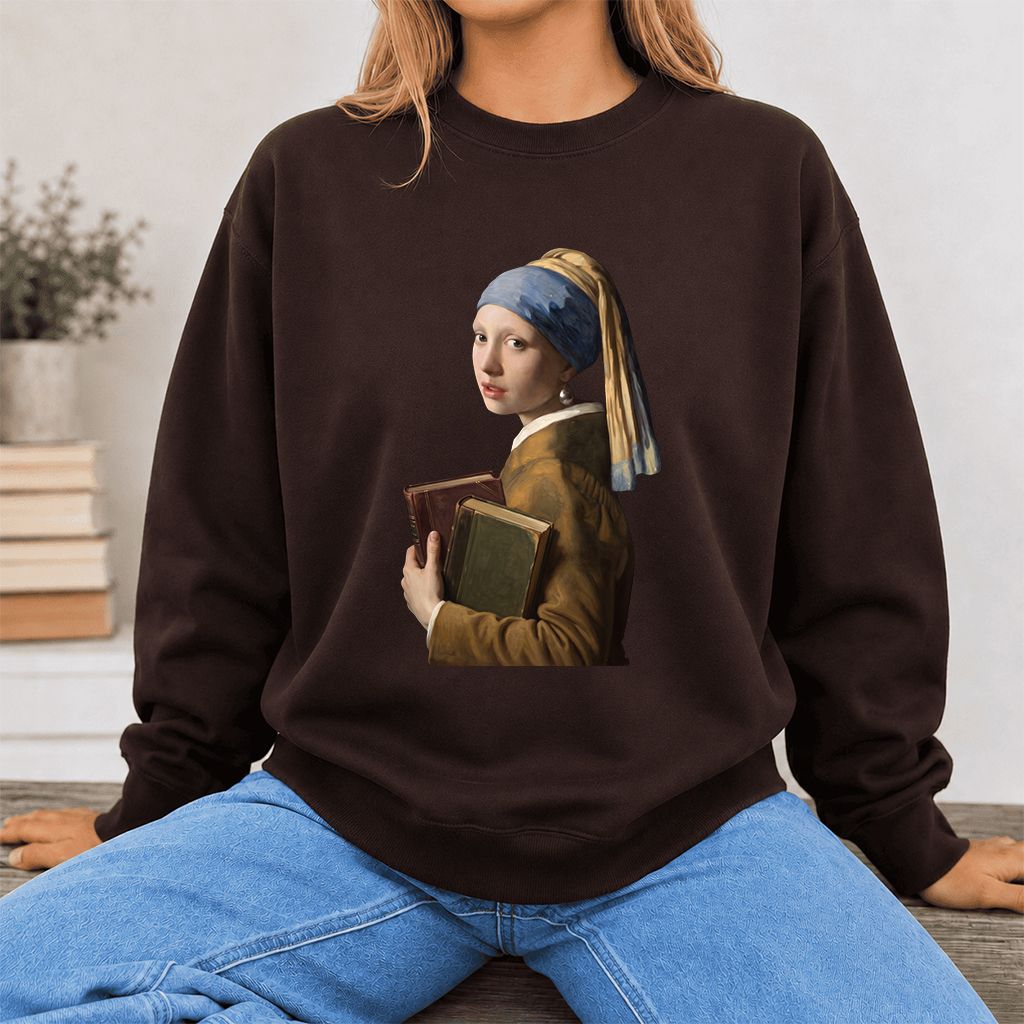 Bookish Girl with a Pearl Earring Printed Sweatshirt | Reader Gift Dark Chocolate