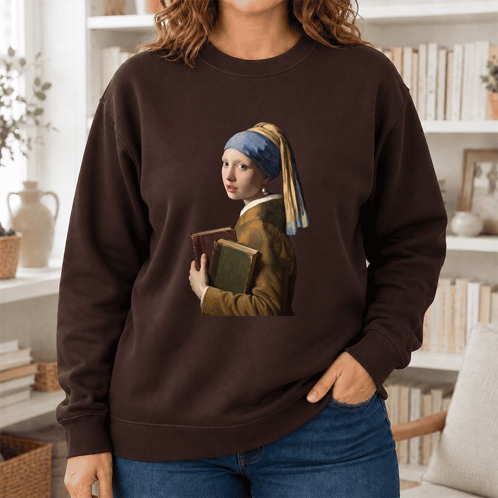 Bookish Girl with a Pearl Earring Printed Sweatshirt | Reader Gift Dark Chocolate