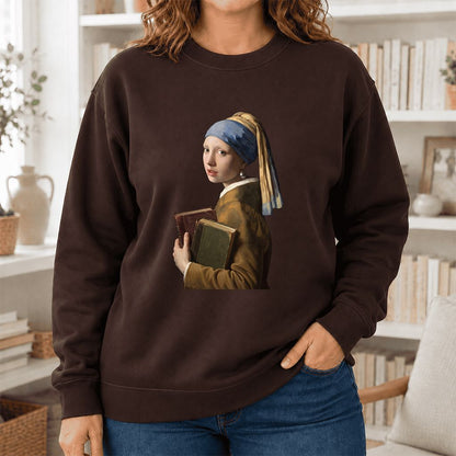 Bookish Girl with a Pearl Earring Printed Sweatshirt | Reader Gift Dark Chocolate