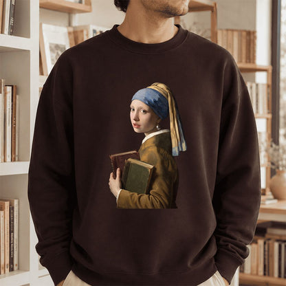 Bookish Girl with a Pearl Earring Printed Sweatshirt | Reader Gift Dark Chocolate