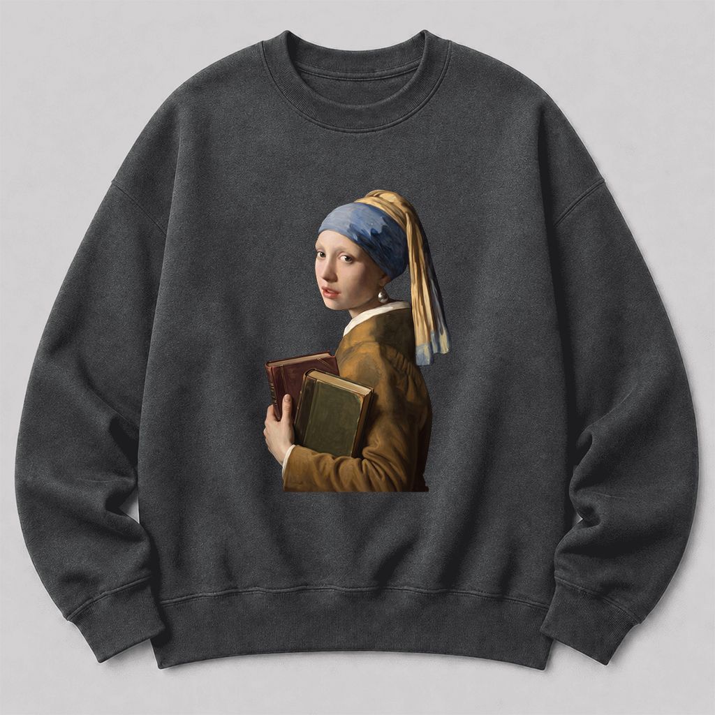 Bookish Girl with a Pearl Earring Printed Sweatshirt | Reader Gift Dark Heather