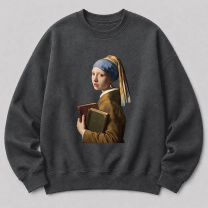 Bookish Girl with a Pearl Earring Printed Sweatshirt | Reader Gift Dark Heather
