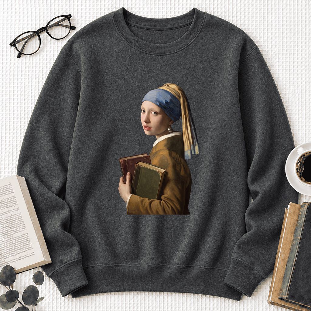 Bookish Girl with a Pearl Earring Printed Sweatshirt | Reader Gift Dark Heather