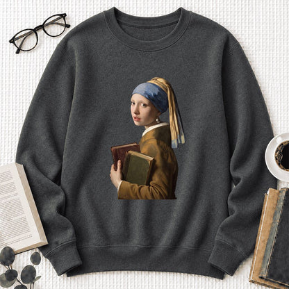 Bookish Girl with a Pearl Earring Printed Sweatshirt | Reader Gift Dark Heather
