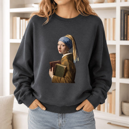 Bookish Girl with a Pearl Earring Printed Sweatshirt | Reader Gift Dark Heather