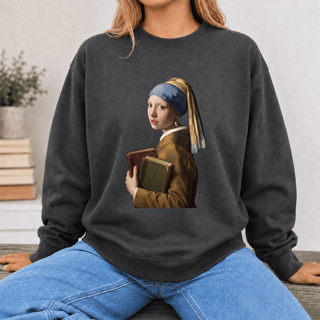 Bookish Girl with a Pearl Earring Printed Sweatshirt | Reader Gift Dark Heather
