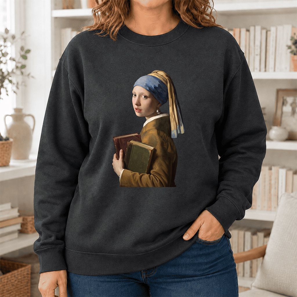 Bookish Girl with a Pearl Earring Printed Sweatshirt | Reader Gift Dark Heather