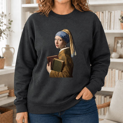 Bookish Girl with a Pearl Earring Printed Sweatshirt | Reader Gift Dark Heather