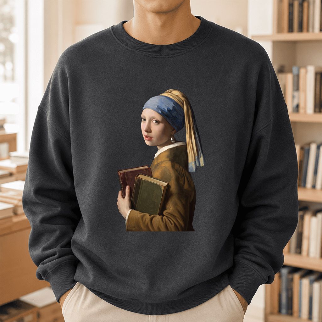 Bookish Girl with a Pearl Earring Printed Sweatshirt | Reader Gift Dark Heather
