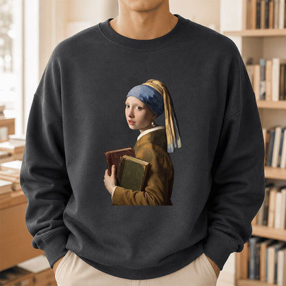 Bookish Girl with a Pearl Earring Printed Sweatshirt | Reader Gift Dark Heather