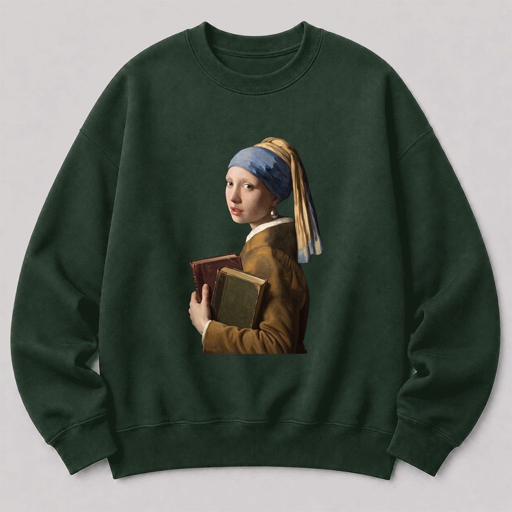 Bookish Girl with a Pearl Earring Printed Sweatshirt | Reader Gift Forest Green