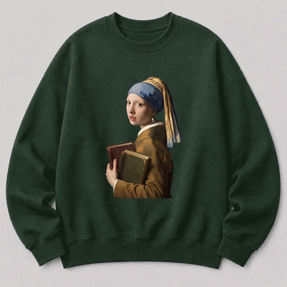 Bookish Girl with a Pearl Earring Printed Sweatshirt | Reader Gift Forest Green