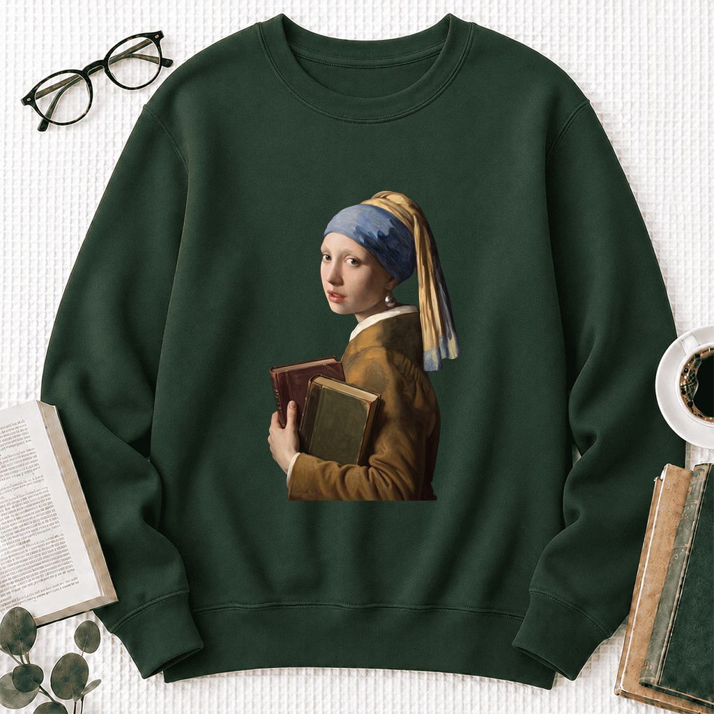 Bookish Girl with a Pearl Earring Printed Sweatshirt | Reader Gift Forest Green