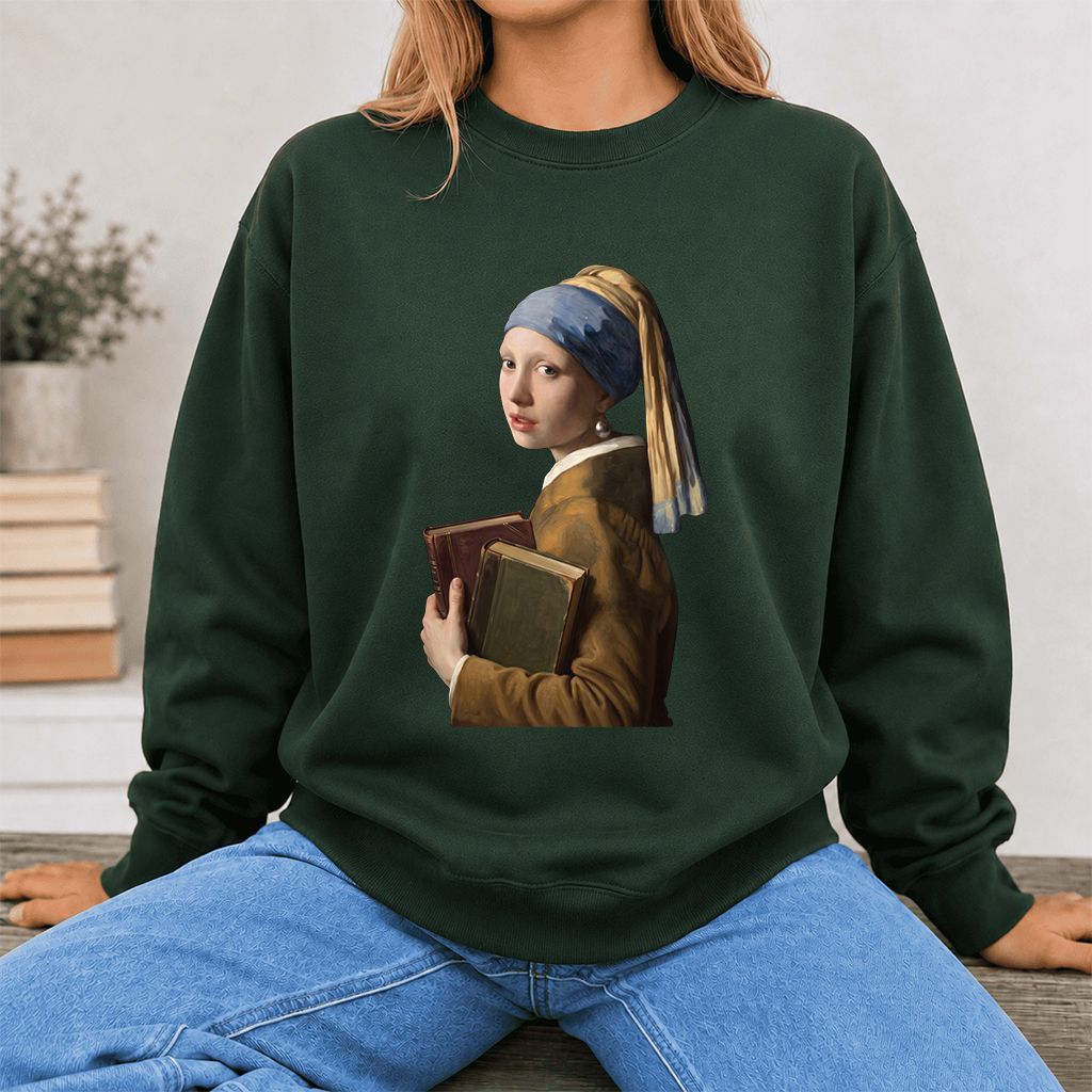 Bookish Girl with a Pearl Earring Printed Sweatshirt | Reader Gift Forest Green