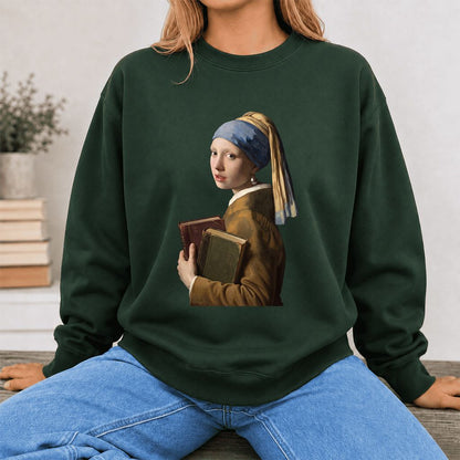 Bookish Girl with a Pearl Earring Printed Sweatshirt | Reader Gift Forest Green