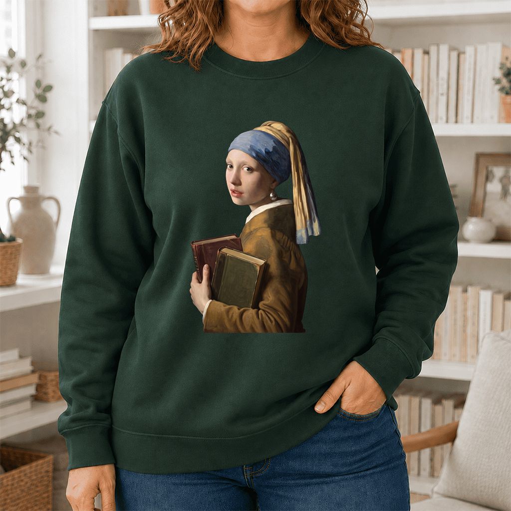 Bookish Girl with a Pearl Earring Printed Sweatshirt | Reader Gift Forest Green