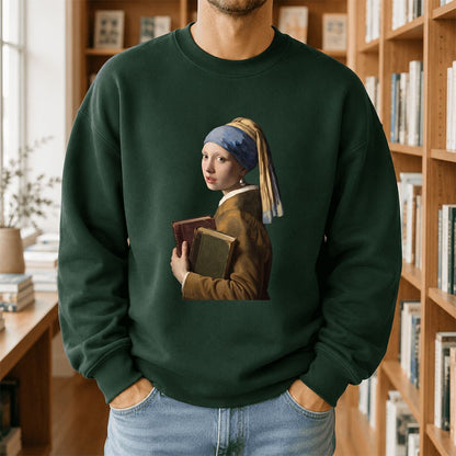 Bookish Girl with a Pearl Earring Printed Sweatshirt | Reader Gift Forest Green