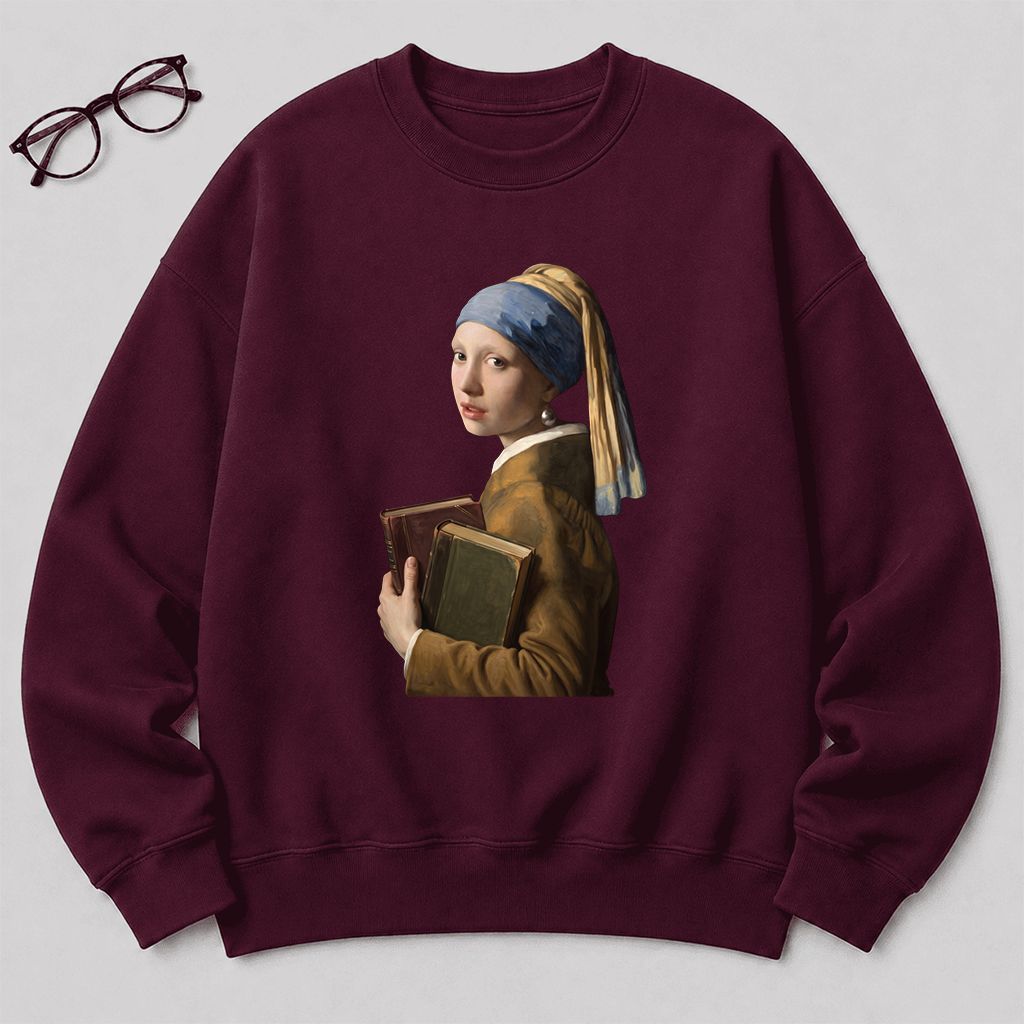 Bookish Girl with a Pearl Earring Printed Sweatshirt | Reader Gift Maroon
