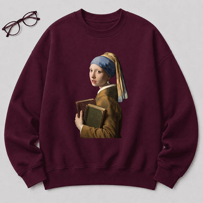 Bookish Girl with a Pearl Earring Printed Sweatshirt | Reader Gift Maroon