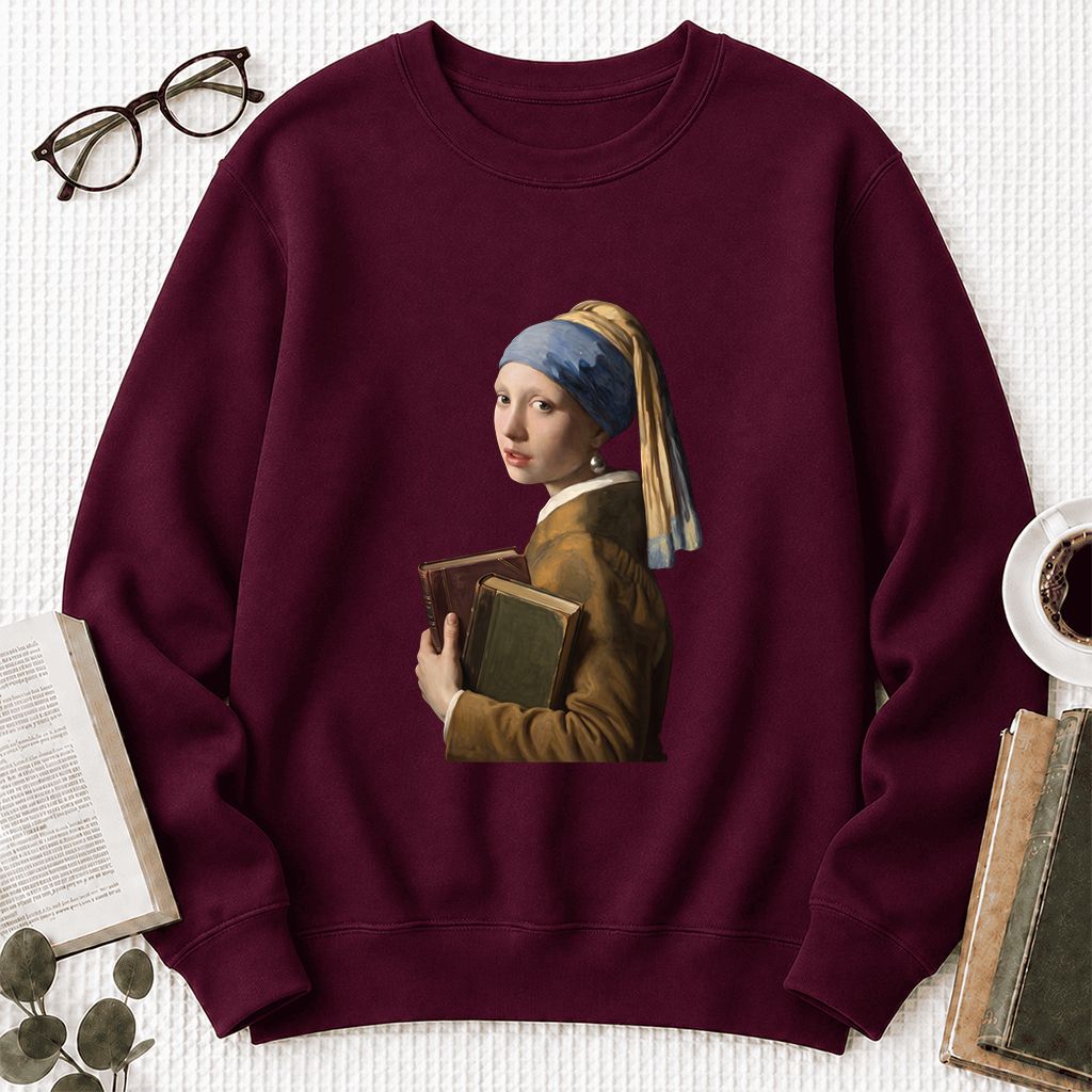 Bookish Girl with a Pearl Earring Printed Sweatshirt | Reader Gift Maroon
