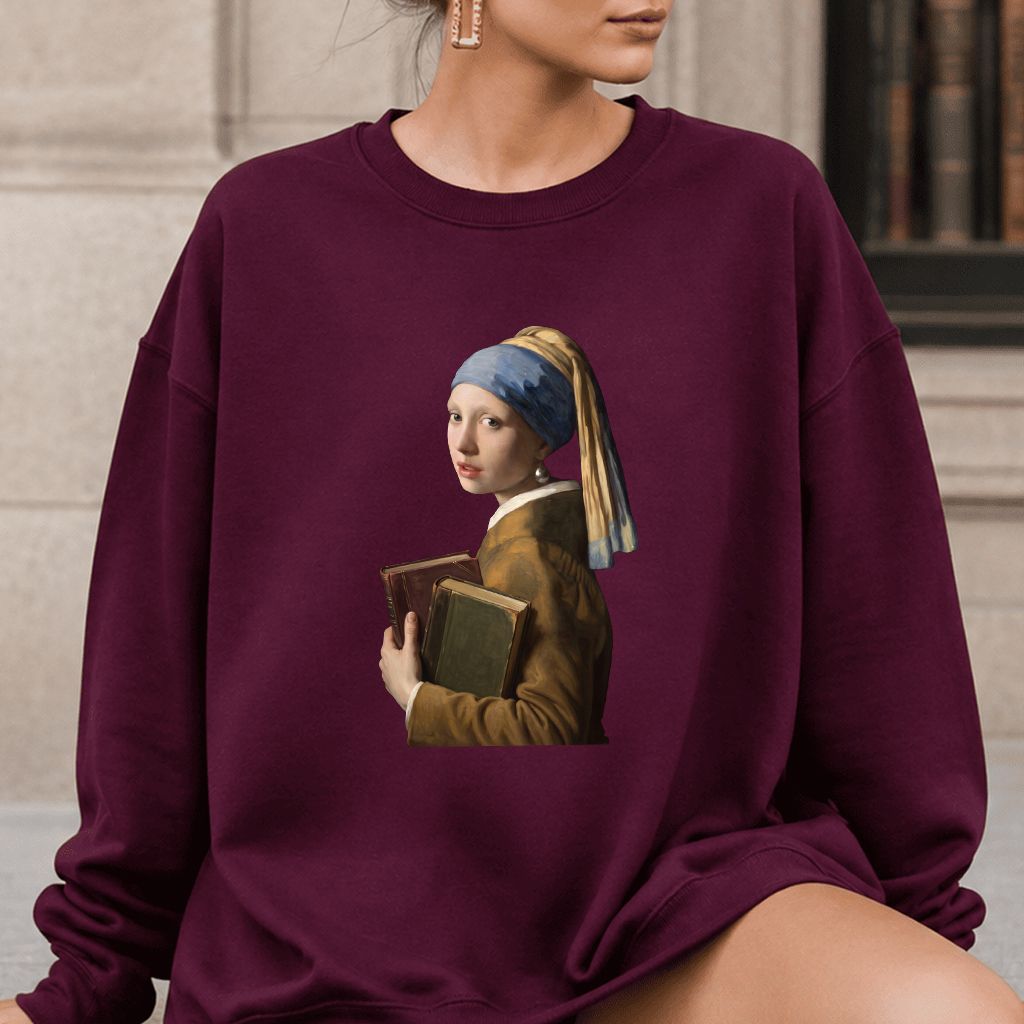 Bookish Girl with a Pearl Earring Printed Sweatshirt | Reader Gift Maroon