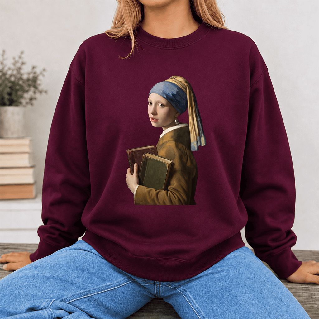 Bookish Girl with a Pearl Earring Printed Sweatshirt | Reader Gift Maroon