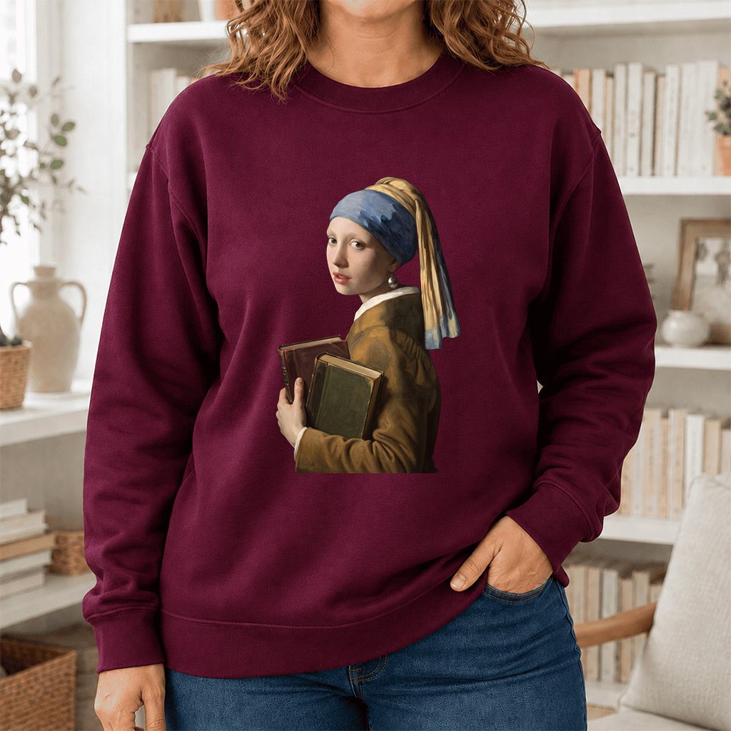 Bookish Girl with a Pearl Earring Printed Sweatshirt | Reader Gift Maroon