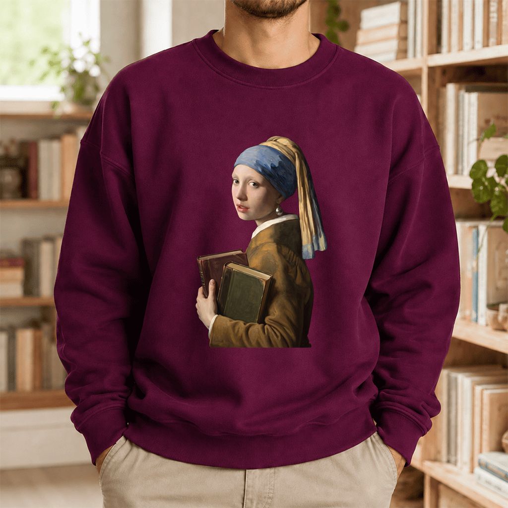 Bookish Girl with a Pearl Earring Printed Sweatshirt | Reader Gift Maroon