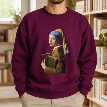 Bookish Girl with a Pearl Earring Printed Sweatshirt | Reader Gift Maroon