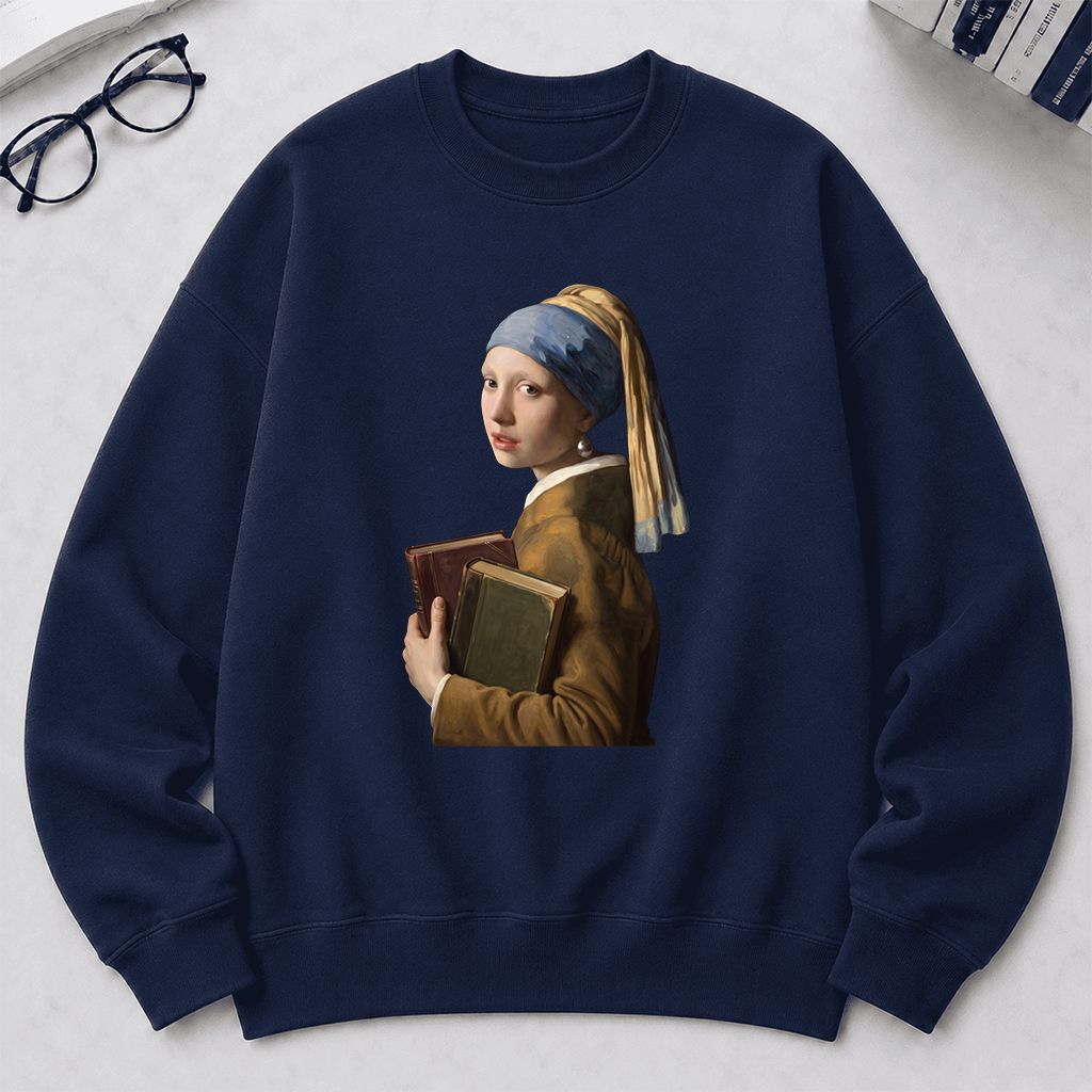 Bookish Girl with a Pearl Earring Printed Sweatshirt | Reader Gift Navy