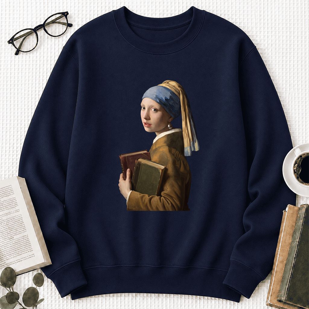Bookish Girl with a Pearl Earring Printed Sweatshirt | Reader Gift Navy