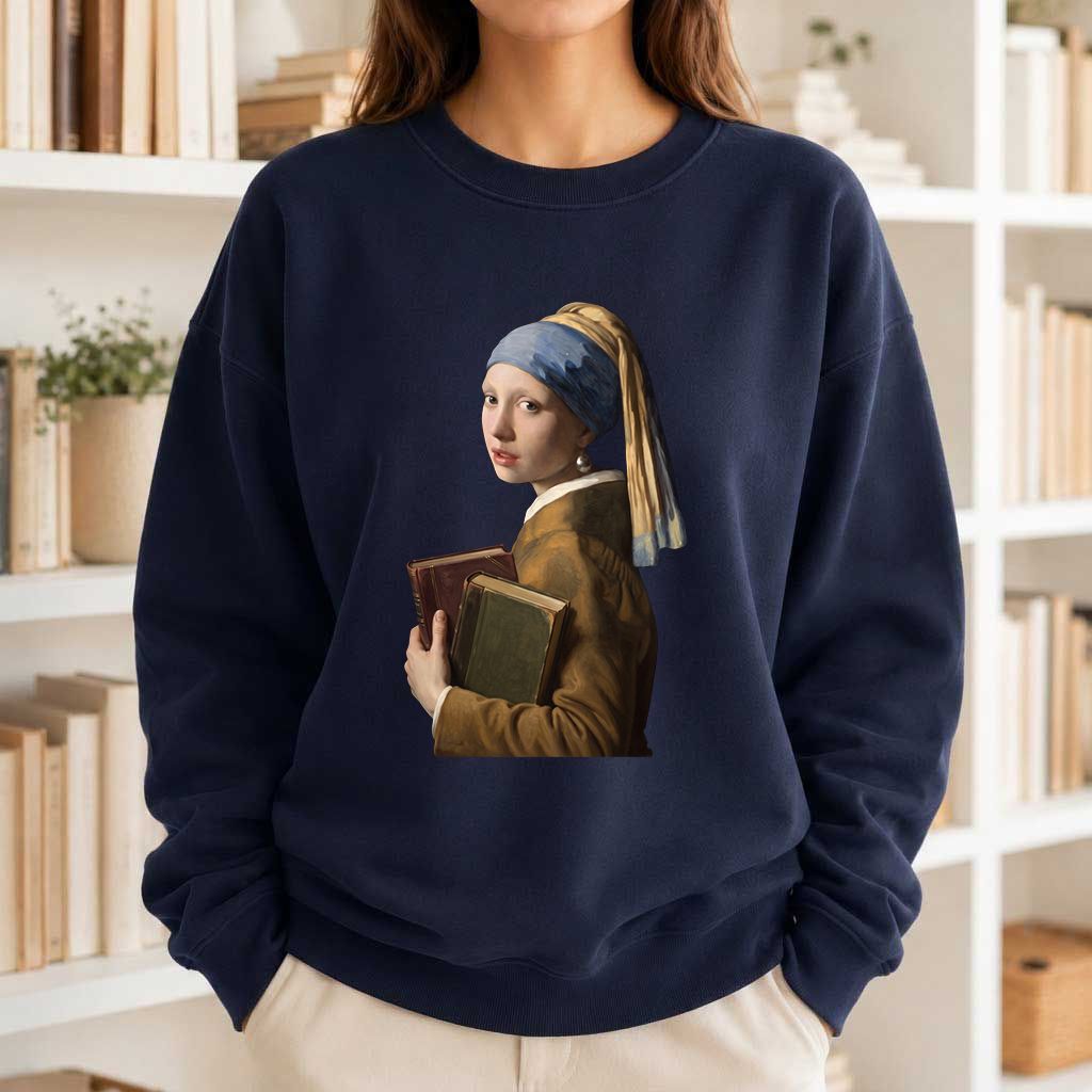 Bookish Girl with a Pearl Earring Printed Sweatshirt | Reader Gift Navy