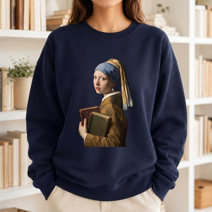 Bookish Girl with a Pearl Earring Printed Sweatshirt | Reader Gift Navy