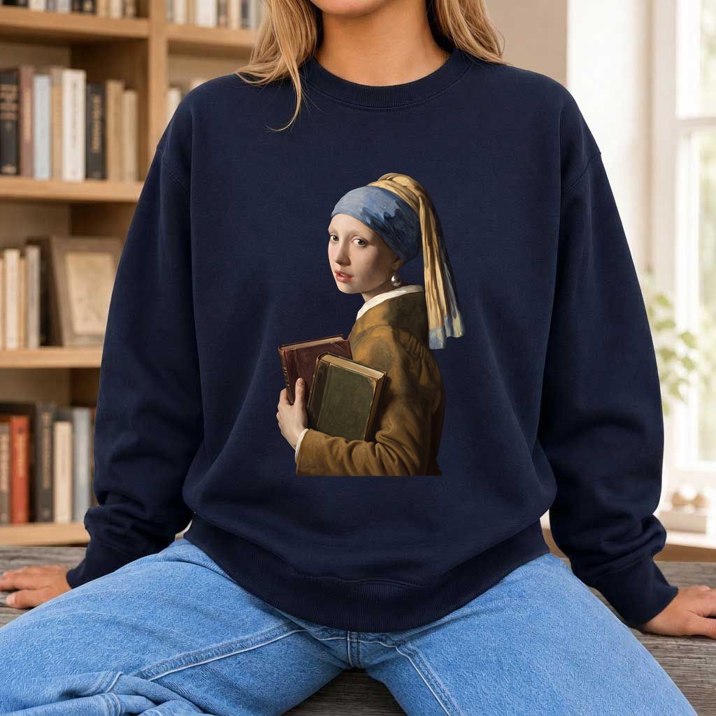 Bookish Girl with a Pearl Earring Printed Sweatshirt | Reader Gift Navy