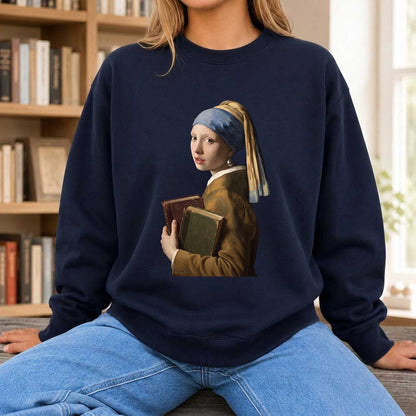 Bookish Girl with a Pearl Earring Printed Sweatshirt | Reader Gift Navy