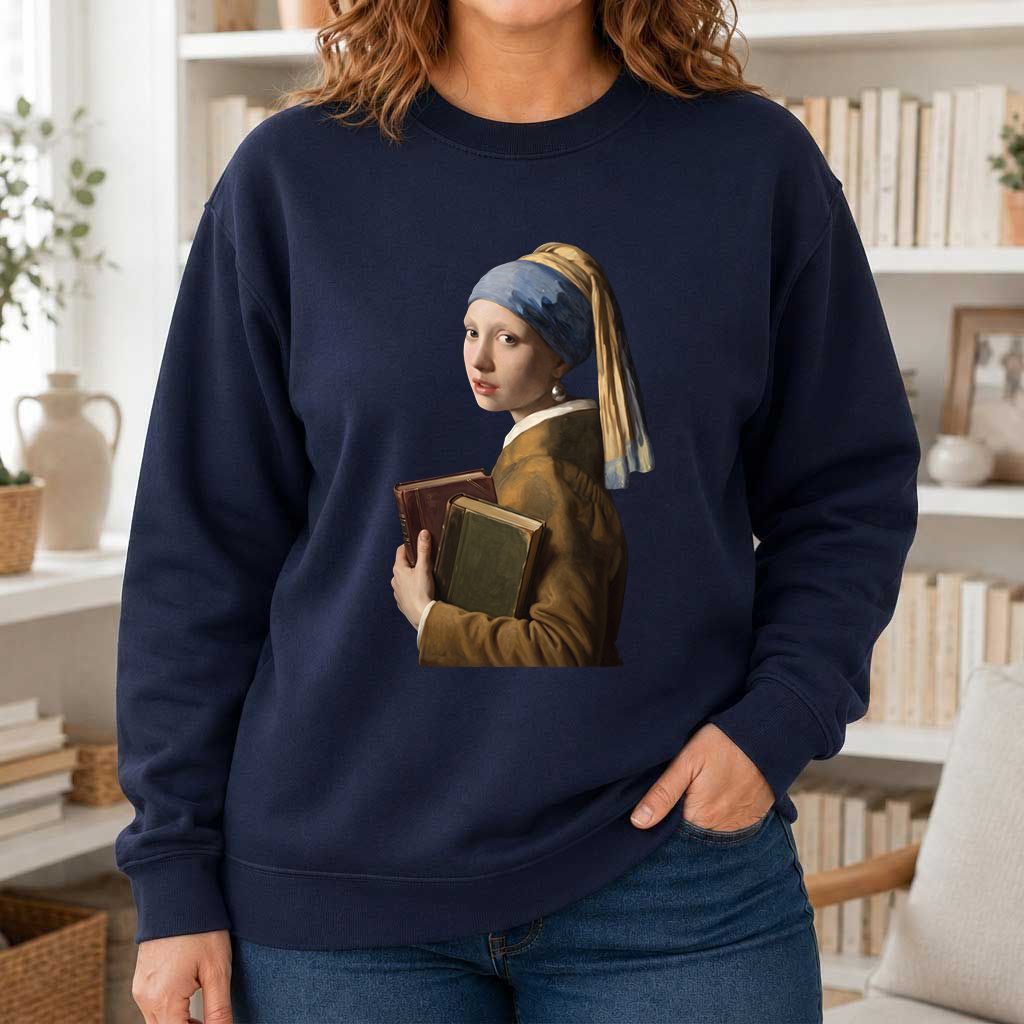 Bookish Girl with a Pearl Earring Printed Sweatshirt | Reader Gift Navy