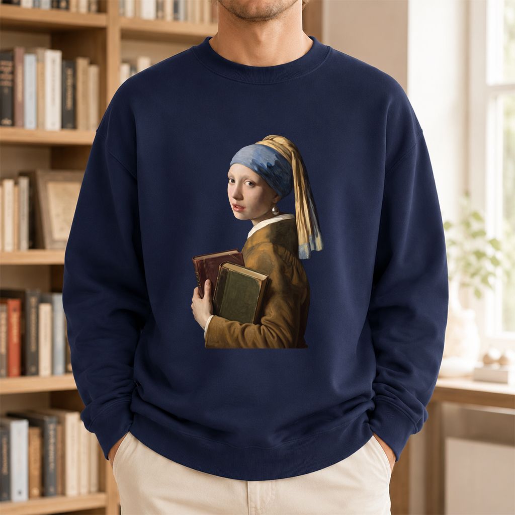Bookish Girl with a Pearl Earring Printed Sweatshirt | Reader Gift Navy