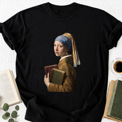 Bookish Girl with a Pearl Earring Printed T-Shirt | Reader Gift Black