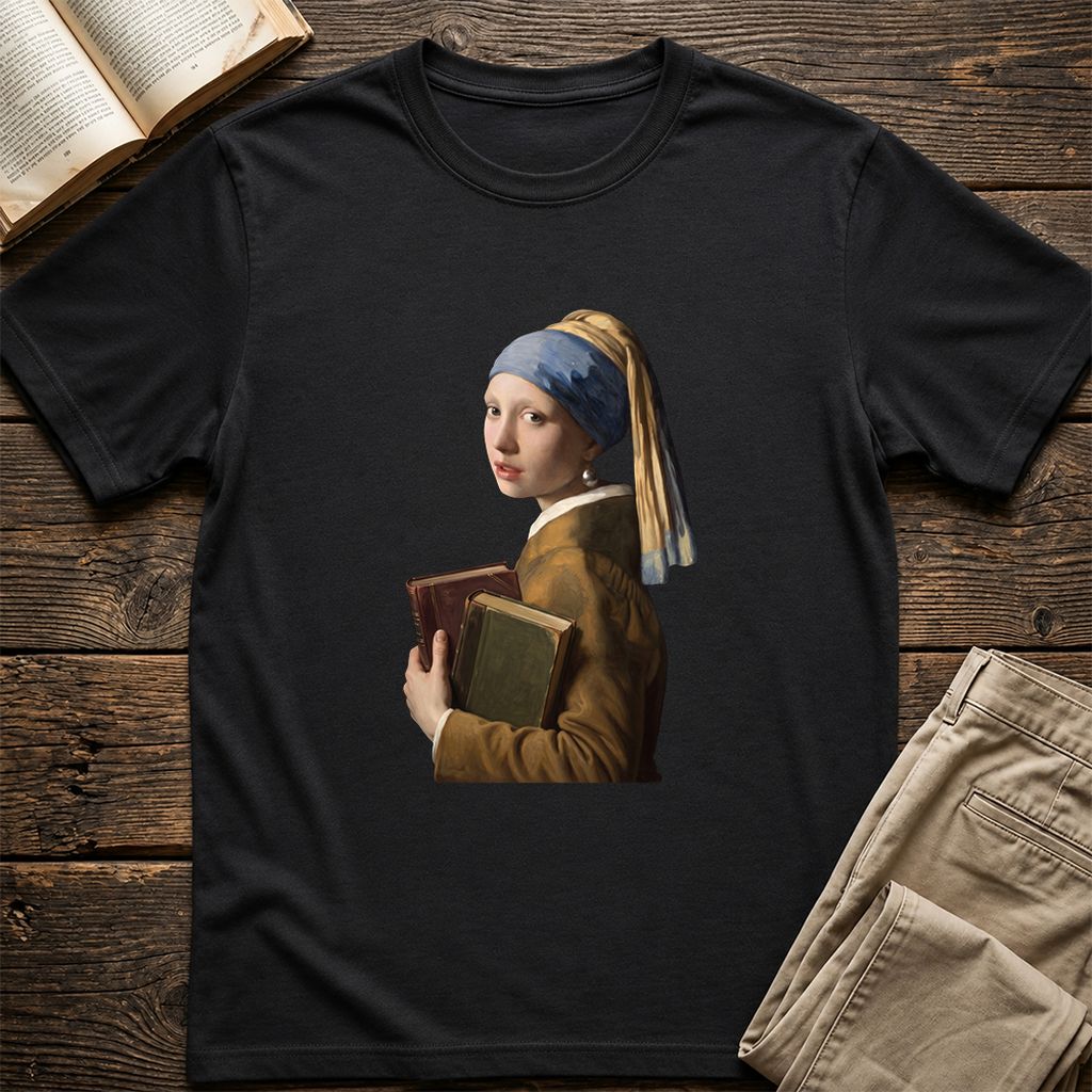 Bookish Girl with a Pearl Earring Printed T-Shirt | Reader Gift Black