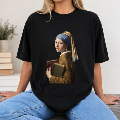 Bookish Girl with a Pearl Earring Printed T-Shirt | Reader Gift Black