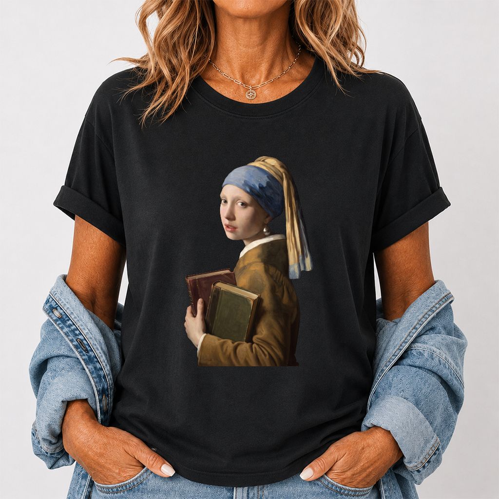 Bookish Girl with a Pearl Earring Printed T-Shirt | Reader Gift Black