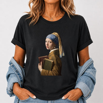 Bookish Girl with a Pearl Earring Printed T-Shirt | Reader Gift Black