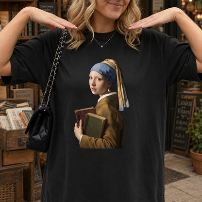 Bookish Girl with a Pearl Earring Printed T-Shirt | Reader Gift Black