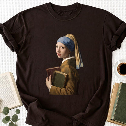 Bookish Girl with a Pearl Earring Printed T-Shirt | Reader Gift Dark Chocolate