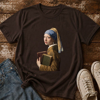 Bookish Girl with a Pearl Earring Printed T-Shirt | Reader Gift Dark Chocolate